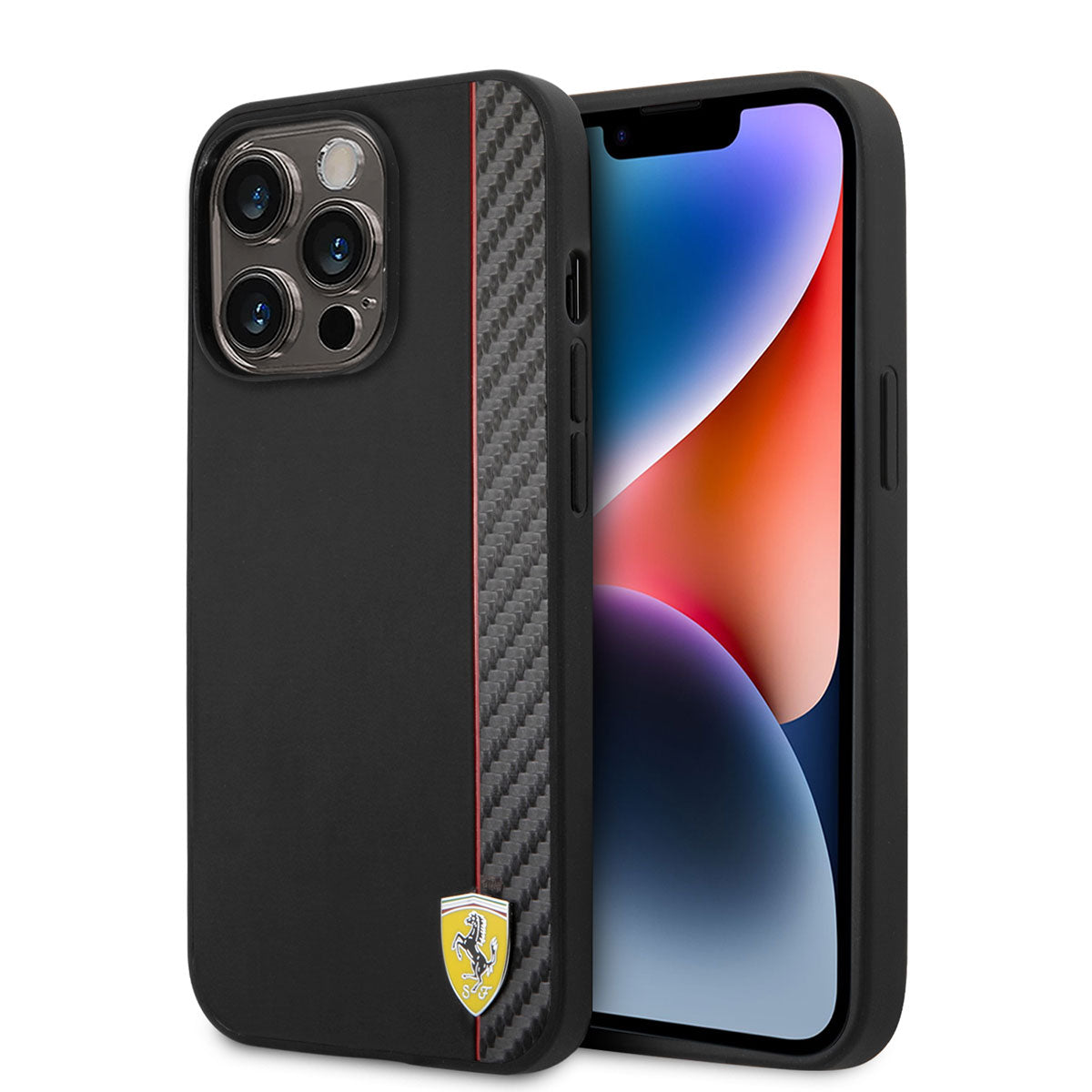 iPhone 14 Pro Kılıf Ferrari M-safe Şarj Özellikli Pu Deri Ve Karbon Şeritli Dizayn Kılıf