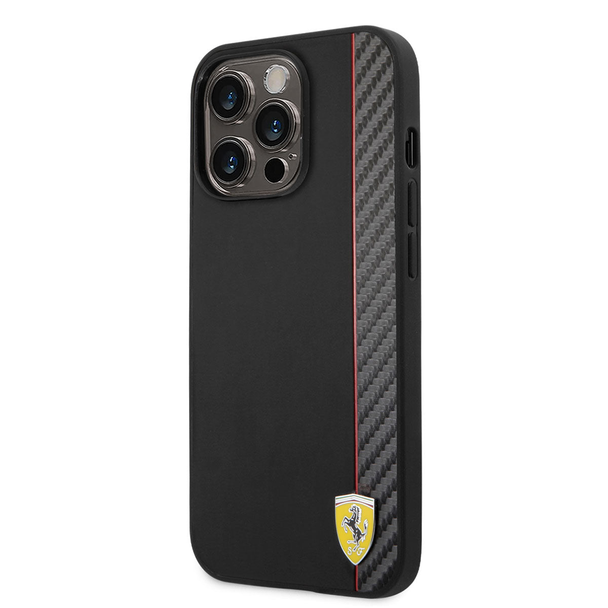 iPhone 14 Pro Kılıf Ferrari M-safe Şarj Özellikli Pu Deri Ve Karbon Şeritli Dizayn Kılıf