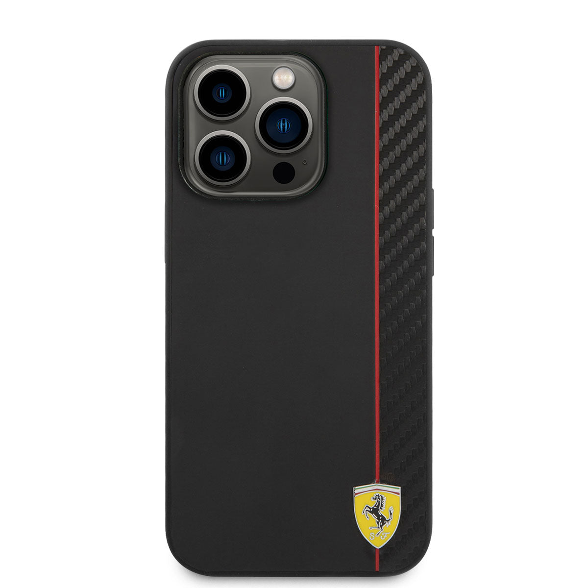iPhone 14 Pro Kılıf Ferrari M-safe Şarj Özellikli Pu Deri Ve Karbon Şeritli Dizayn Kılıf