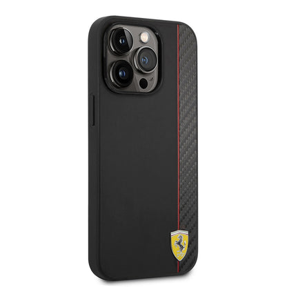 iPhone 14 Pro Kılıf Ferrari M-safe Şarj Özellikli Pu Deri Ve Karbon Şeritli Dizayn Kılıf