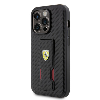 iPhone 14 Pro Kılıf Ferrari orijinal Lisanlı Klasik Metal Logolu Delikli Standlı Karbon Kılıf