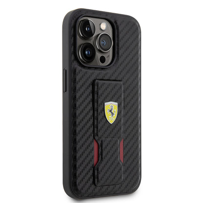 iPhone 14 Pro Kılıf Ferrari orijinal Lisanlı Klasik Metal Logolu Delikli Standlı Karbon Kılıf