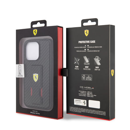 iPhone 14 Pro Kılıf Ferrari orijinal Lisanlı Klasik Metal Logolu Delikli Standlı Karbon Kılıf