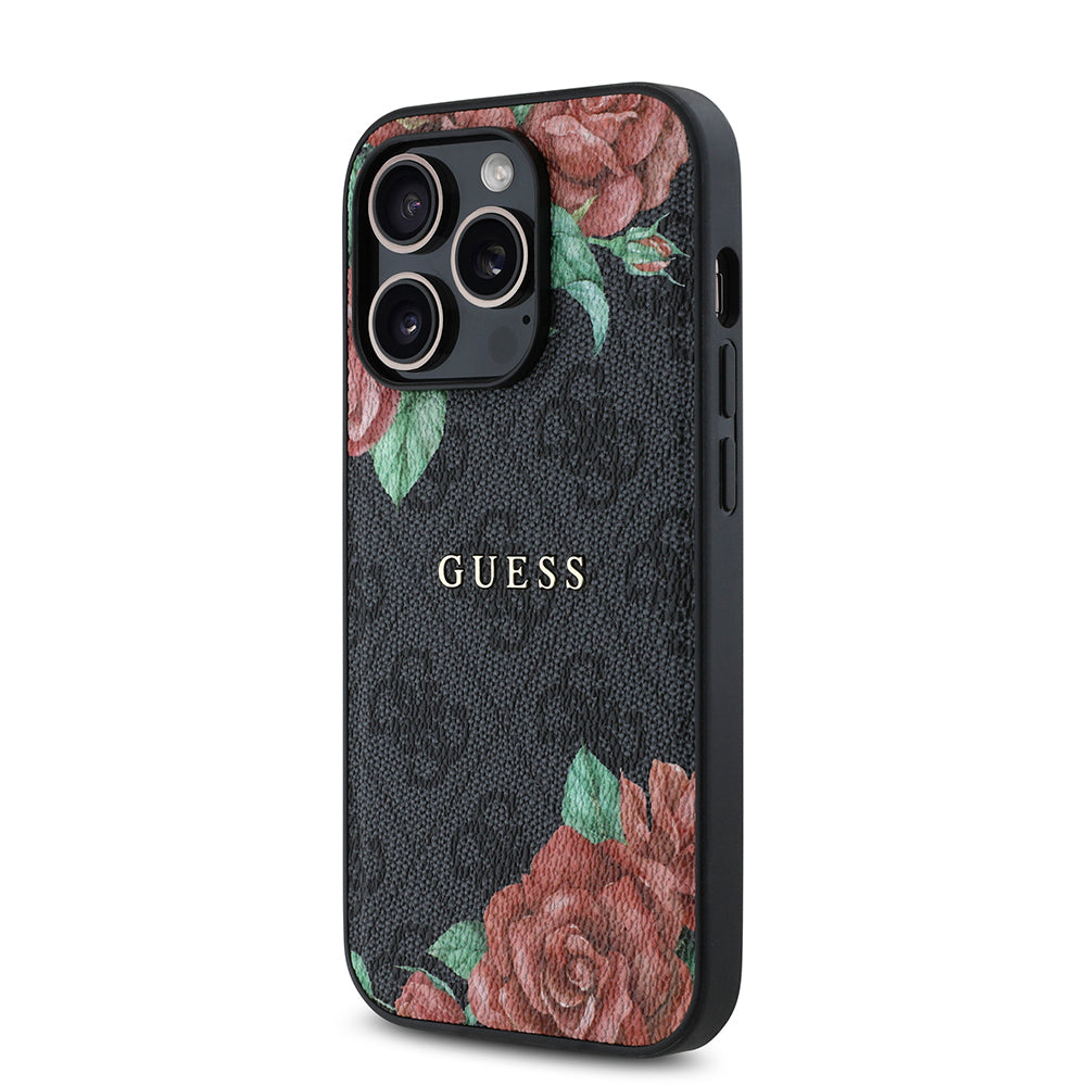 iPhone 14 Pro Kılıf Guess Orijinal Lisanslı M-safe Şarj Özellikli Gül Baskılı 4G Desenli Yazı Logolu Kılıf