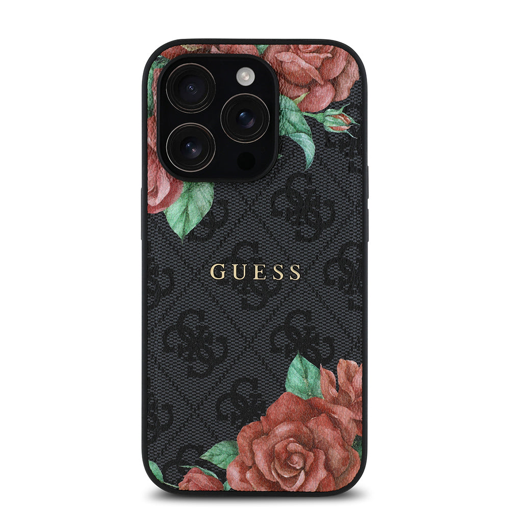iPhone 14 Pro Kılıf Guess Orijinal Lisanslı M-safe Şarj Özellikli Gül Baskılı 4G Desenli Yazı Logolu Kılıf