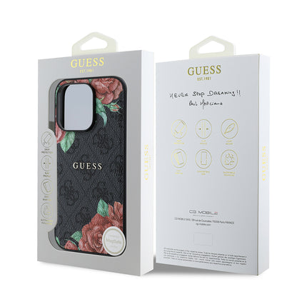 iPhone 14 Pro Kılıf Guess Orijinal Lisanslı M-safe Şarj Özellikli Gül Baskılı 4G Desenli Yazı Logolu Kılıf