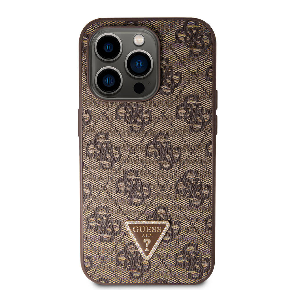 iPhone 14 Pro Kılıf Guess Orijinal Lisanslı PU Deri Taşlı Üçgen Logo 4G Desenli Kılıf