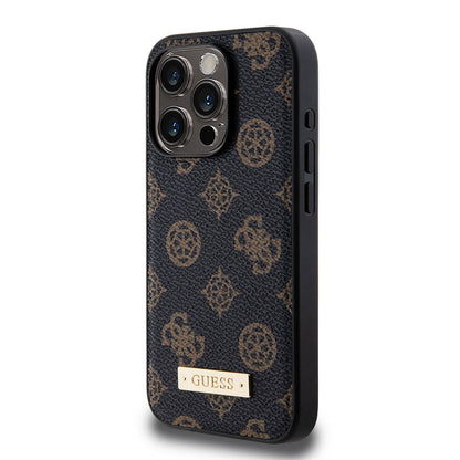 iPhone 14 Pro Kılıf Guess M-safe Şarj Özellikli PU Deri Desenli Metal Plaka Logolu Kılıf