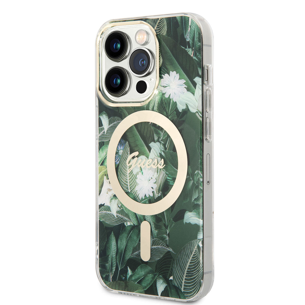 iPhone 14 Pro Kılıf GUESS M-safe Şarj Özellikli Yaprak Desenli M-safe Şarj Kablolu Kılıf