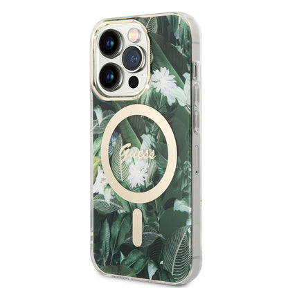 iPhone 14 Pro Kılıf GUESS M-safe Şarj Özellikli Yaprak Desenli M-safe Şarj Kablolu Kılıf