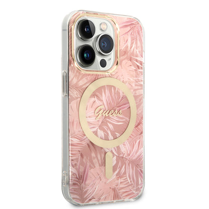 iPhone 14 Pro Kılıf GUESS M-safe Şarj Özellikli Yaprak Desenli M-safe Şarj Kablolu Kılıf