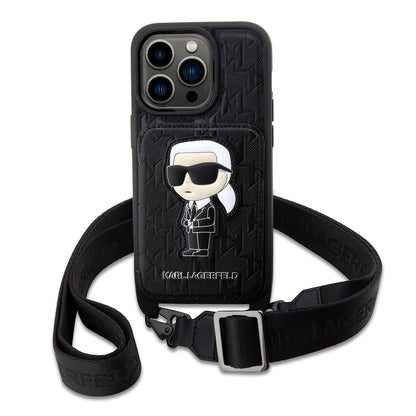 iPhone 14 Pro Kılıf Karl Lagerfeld Boyun Askılı Kartlıklı Karl Dizayn Kılıf