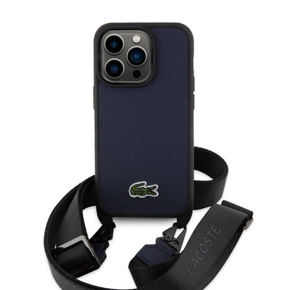 iPhone 14 Pro Kılıf Lacoste Orijinal Lisanslı PU Pike Desenli Arka Yüzey Askılı İkonik Timsah Dokuma Logolu Kılıf