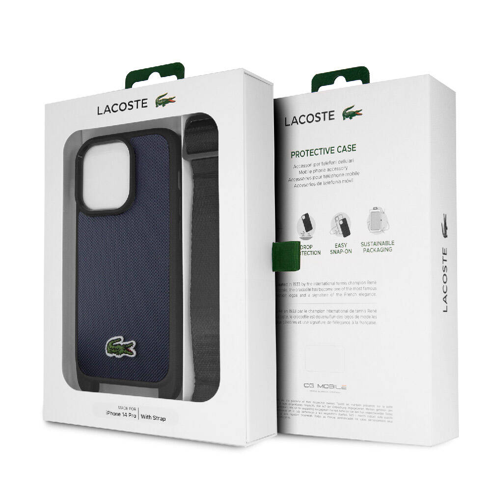 iPhone 14 Pro Kılıf Lacoste Orijinal Lisanslı PU Pike Desenli Arka Yüzey Askılı İkonik Timsah Dokuma Logolu Kılıf