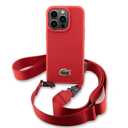 iPhone 14 Pro Kılıf Lacoste Orijinal Lisanslı PU Pike Desenli Arka Yüzey Askılı İkonik Timsah Dokuma Logolu Kılıf