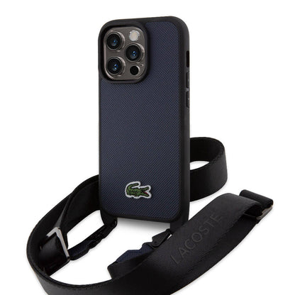 iPhone 14 Pro Kılıf Lacoste orijinal Lisanslı PU Pike Desenli Arka Yüzey Askılı İkonik Timsah Dokuma Logolu Kılıf