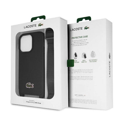 iPhone 14 Pro Kılıf Lacoste orijinal Lisanslı PU Pike Desenli Arka Yüzey Askılı İkonik Timsah Dokuma Logolu Kılıf