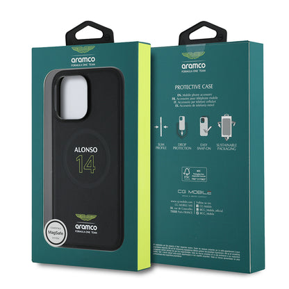 iPhone 14 Pro Max Kılıf Aston Martin Orijinal Lisanslı M-safe Şarj Özellikli PU Deri Alonso 14 Baskılı Kılıf