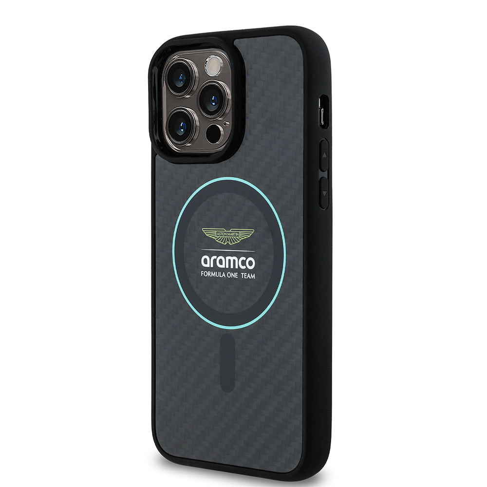 iPhone 14 Pro Max Kılıf Aston Martin Orijinal Lisanslı M-safe Şarj Özellikli Renkli Halka ve Karbon Fiber Tasarımlı Kılıf
