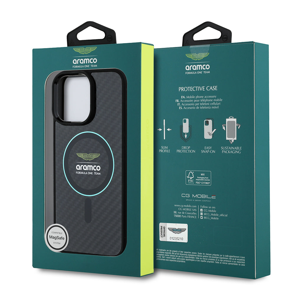 iPhone 14 Pro Max Kılıf Aston Martin Orijinal Lisanslı M-safe Şarj Özellikli Renkli Halka ve Karbon Fiber Tasarımlı Kılıf