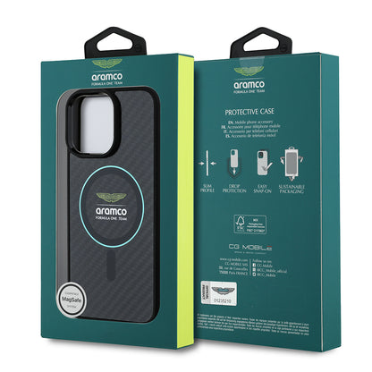 iPhone 14 Pro Max Kılıf Aston Martin Orijinal Lisanslı M-safe Şarj Özellikli Renkli Halka ve Karbon Fiber Tasarımlı Kılıf