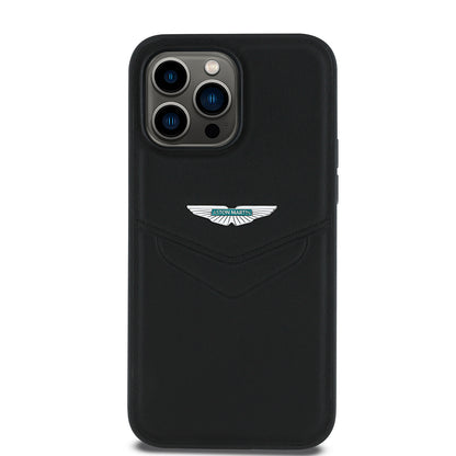 iPhone 14 Pro Max Kılıf Aston Martin Orijinal Lisanslı Victory Dizayn PU Deri Metal Logolu Kılıf