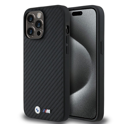 iPhone 14 Pro Max Kılıf BMW Orijinal Lisanslı Karbon Fiber Tasarımlı ve Metal Logolu PU Deri Kılıf