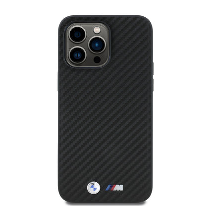 iPhone 14 Pro Max Kılıf BMW Orijinal Lisanslı Karbon Fiber Tasarımlı ve Metal Logolu PU Deri Kılıf