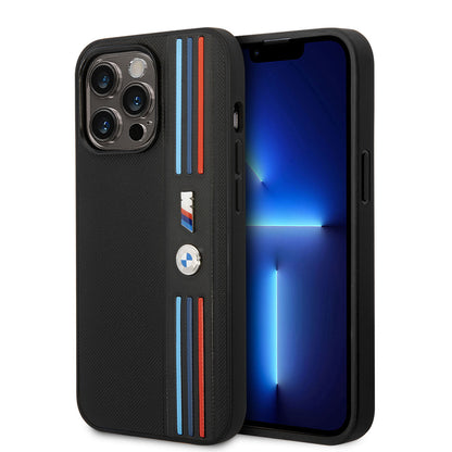 iPhone 14 Pro Max Kılıf BMW PU Deri 3 Renkli Çizgili Örgü Dizayn Kılıf