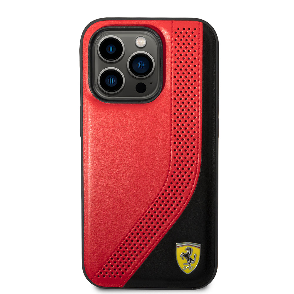 iPhone 14 Pro Max Kılıf Ferrari Orijinal Lisanslı Metal Logolu Deri Delikli Dikişli Dizayn Kılıf