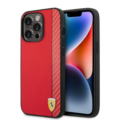 iPhone 14 Pro Max Kılıf Ferrari M-safe Şarj Özellikli PU Deri Karbon Şeritli Dizayn Kılıf