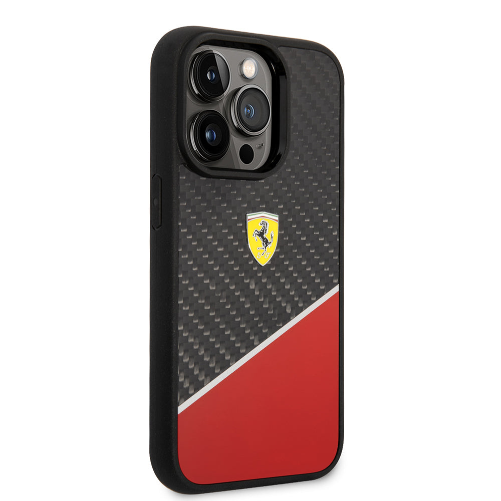 iPhone 14 Pro Max Kılıf Ferrari orijinal Lisanlı Klasik Metal Logolu Karbon Şerit Desenli Kılıf