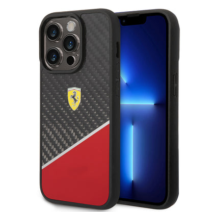 iPhone 14 Pro Max Kılıf Ferrari orijinal Lisanlı Klasik Metal Logolu Karbon Şerit Desenli Kılıf