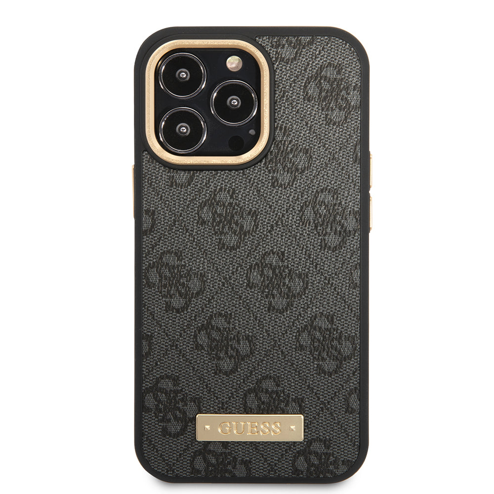 iPhone 14 Pro Max Kılıf Guess Orijinal Lisanslı M-safe Şarj Özellikli 4G Desenli PU Metal Plaka Klasik Logolu Kılıf