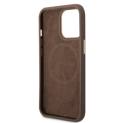 iPhone 14 Pro Max Kılıf Guess Orijinal Lisanslı M-safe Şarj Özellikli 4G Desenli PU Metal Plaka Klasik Logolu Kılıf