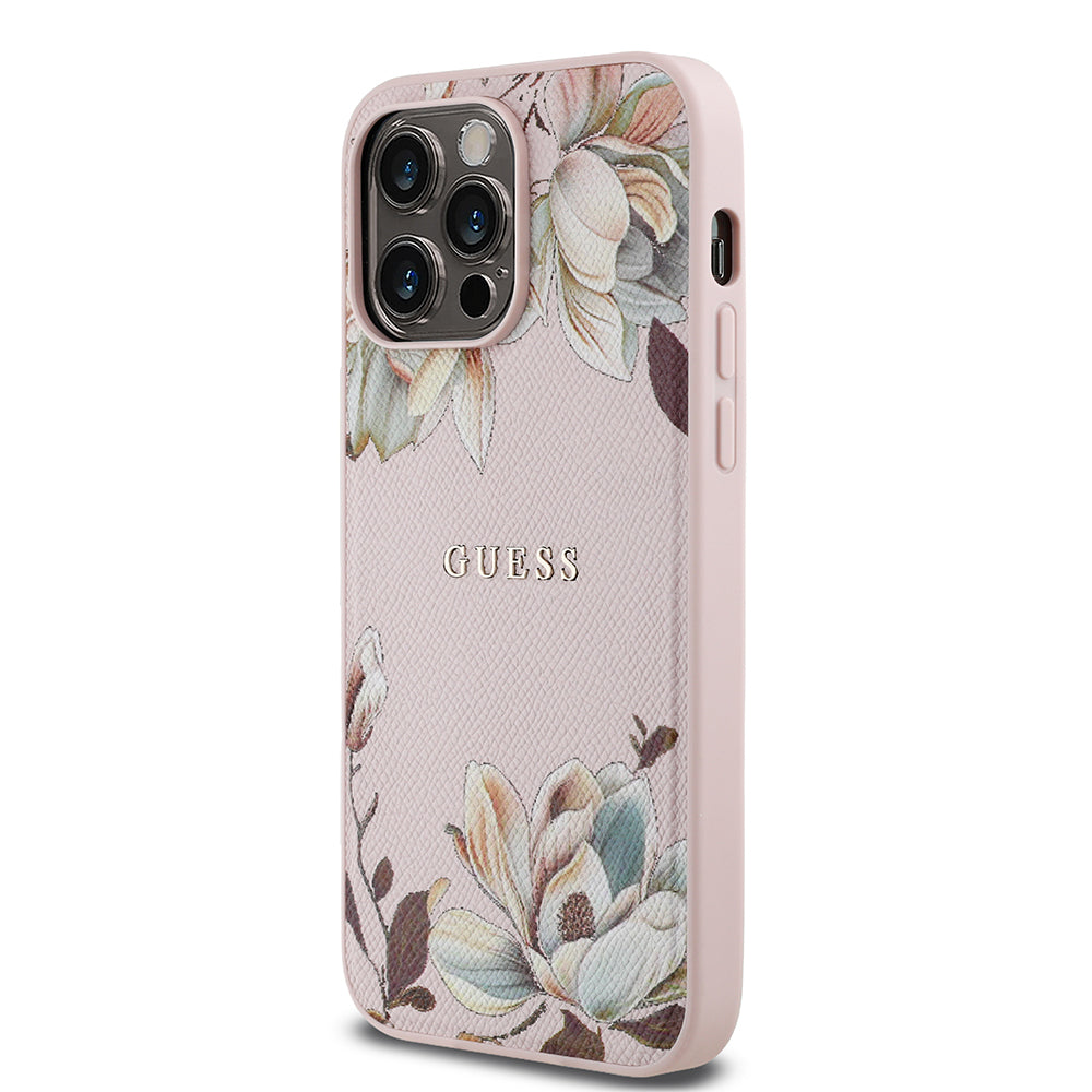 iPhone 14 Pro Max Kılıf Guess Orijinal Lisanslı M-safe Şarj Özellikli Taneli Çiçek Tasarımlı Metal Yazı Logolu Kılıf