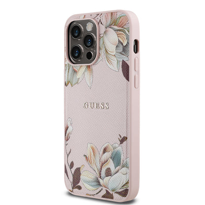 iPhone 14 Pro Max Kılıf Guess Orijinal Lisanslı M-safe Şarj Özellikli Taneli Çiçek Tasarımlı Metal Yazı Logolu Kılıf