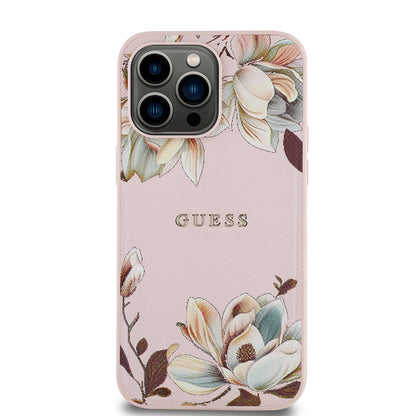 iPhone 14 Pro Max Kılıf Guess Orijinal Lisanslı M-safe Şarj Özellikli Taneli Çiçek Tasarımlı Metal Yazı Logolu Kılıf
