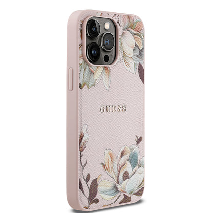 iPhone 14 Pro Max Kılıf Guess Orijinal Lisanslı M-safe Şarj Özellikli Taneli Çiçek Tasarımlı Metal Yazı Logolu Kılıf