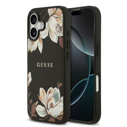 iPhone 17 Kılıf Guess Orijinal Lisanslı M-safe Şarj Özellikli Taneli Çiçek Tasarımlı Metal Yazı Logolu Kılıf