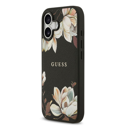 iPhone 17 Kılıf Guess Orijinal Lisanslı M-safe Şarj Özellikli Taneli Çiçek Tasarımlı Metal Yazı Logolu Kılıf