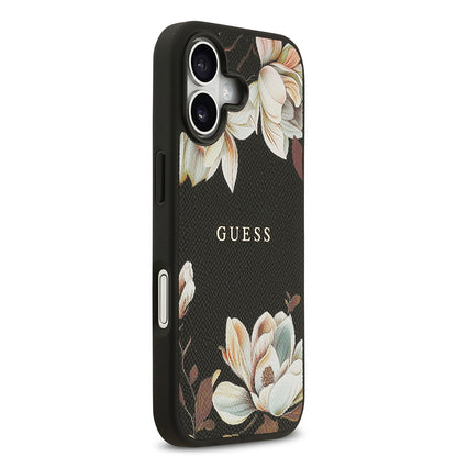 iPhone 17 Kılıf Guess Orijinal Lisanslı M-safe Şarj Özellikli Taneli Çiçek Tasarımlı Metal Yazı Logolu Kılıf