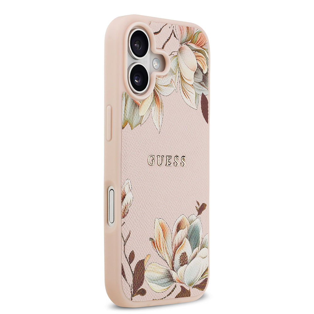 iPhone 17 Kılıf Guess Orijinal Lisanslı M-safe Şarj Özellikli Taneli Çiçek Tasarımlı Metal Yazı Logolu Kılıf