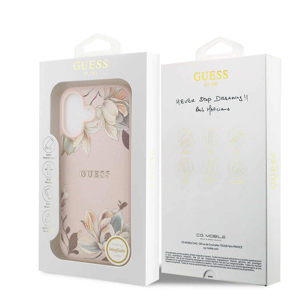 iPhone 17 Kılıf Guess Orijinal Lisanslı M-safe Şarj Özellikli Taneli Çiçek Tasarımlı Metal Yazı Logolu Kılıf