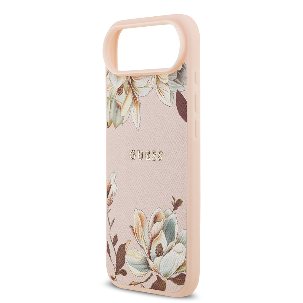 iPhone 17 Air Kılıf Guess Orijinal Lisanslı M-safe Şarj Özellikli Taneli Çiçek Tasarımlı Metal Yazı Logolu Kılıf