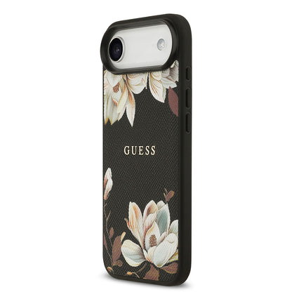 iPhone 17 Air Kılıf Guess Orijinal Lisanslı M-safe Şarj Özellikli Taneli Çiçek Tasarımlı Metal Yazı Logolu Kılıf
