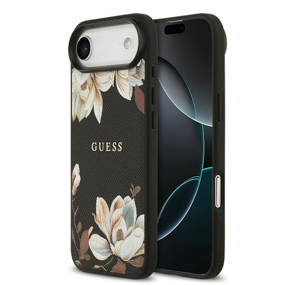 iPhone 17 Air Kılıf Guess Orijinal Lisanslı M-safe Şarj Özellikli Taneli Çiçek Tasarımlı Metal Yazı Logolu Kılıf