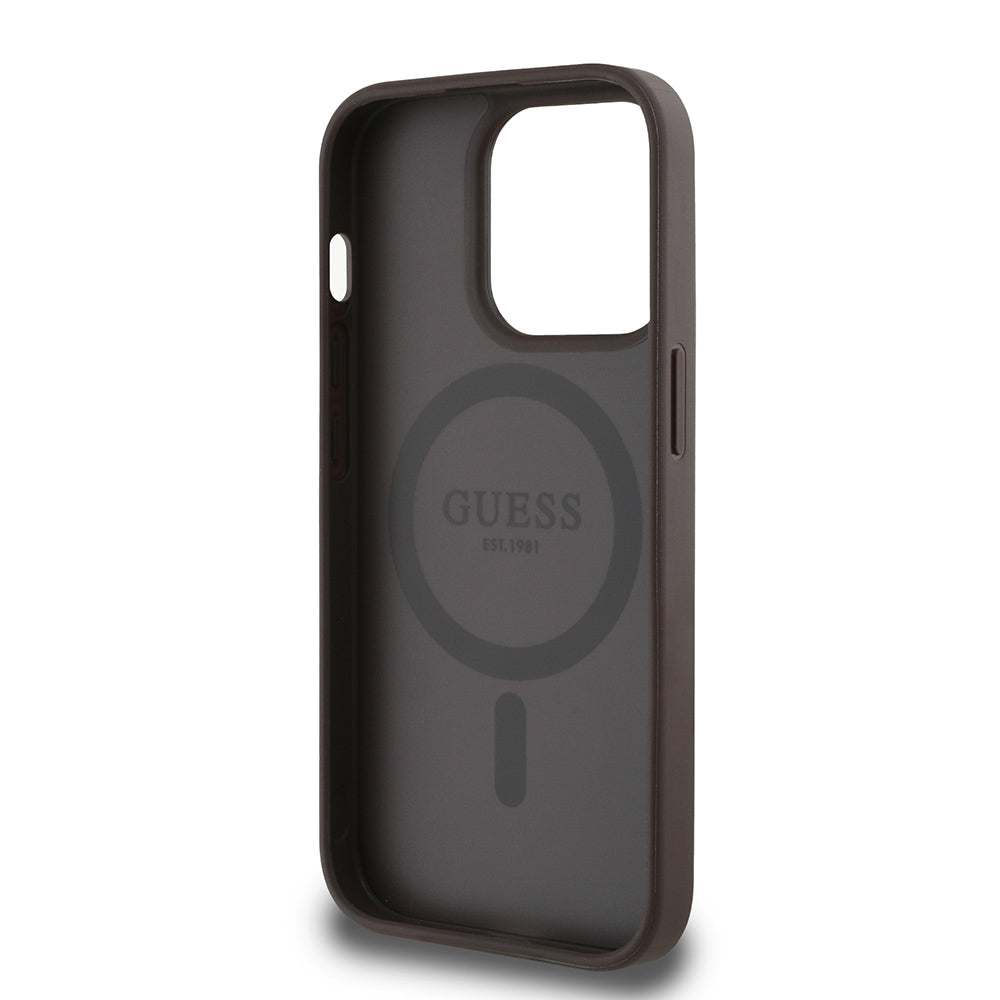 iPhone 14 Pro Max Kılıf Guess Orijinal Lisanslı M-safe Şarj Özellikli Sıcak Baskılı Üçgen Logolu PU Deri Peony Kılıf