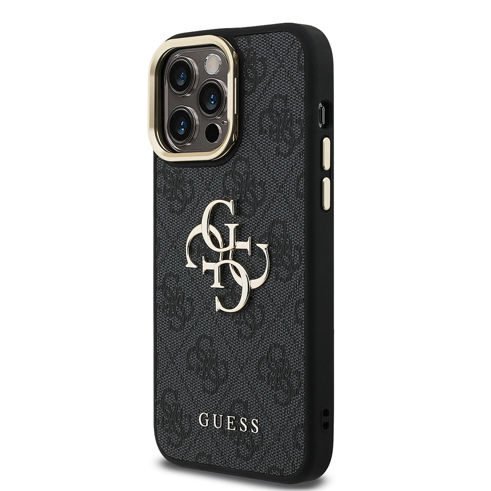 iPhone 14 Pro Max Kılıf Guess Orijinal Lisanslı PU Deri 4G Desenli Metal Büyük 4G ve Yazı Logolu Kamera Standlı Kılıf