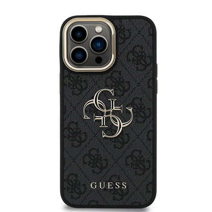 iPhone 14 Pro Max Kılıf Guess Orijinal Lisanslı PU Deri 4G Desenli Metal Büyük 4G ve Yazı Logolu Kamera Standlı Kılıf